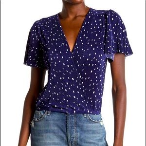 ASTR The Label Navy Blue Dot V Neck Plisse Blouse